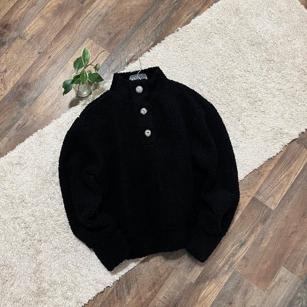 Express XS Oversized Black Sherpa Bejeweled Henley Mock Neck Pullover Sweater